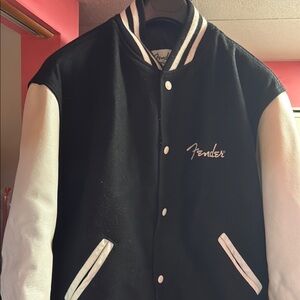 Fender Black and White Varsity Bomber Jacket—Fender Custom Shop embroidery